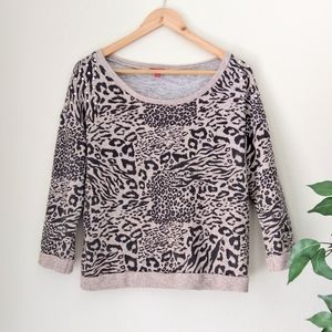 BONGO Sweatshirt L Mixed Safari Animal Print Crystal Embellished 3/4 Sleeves